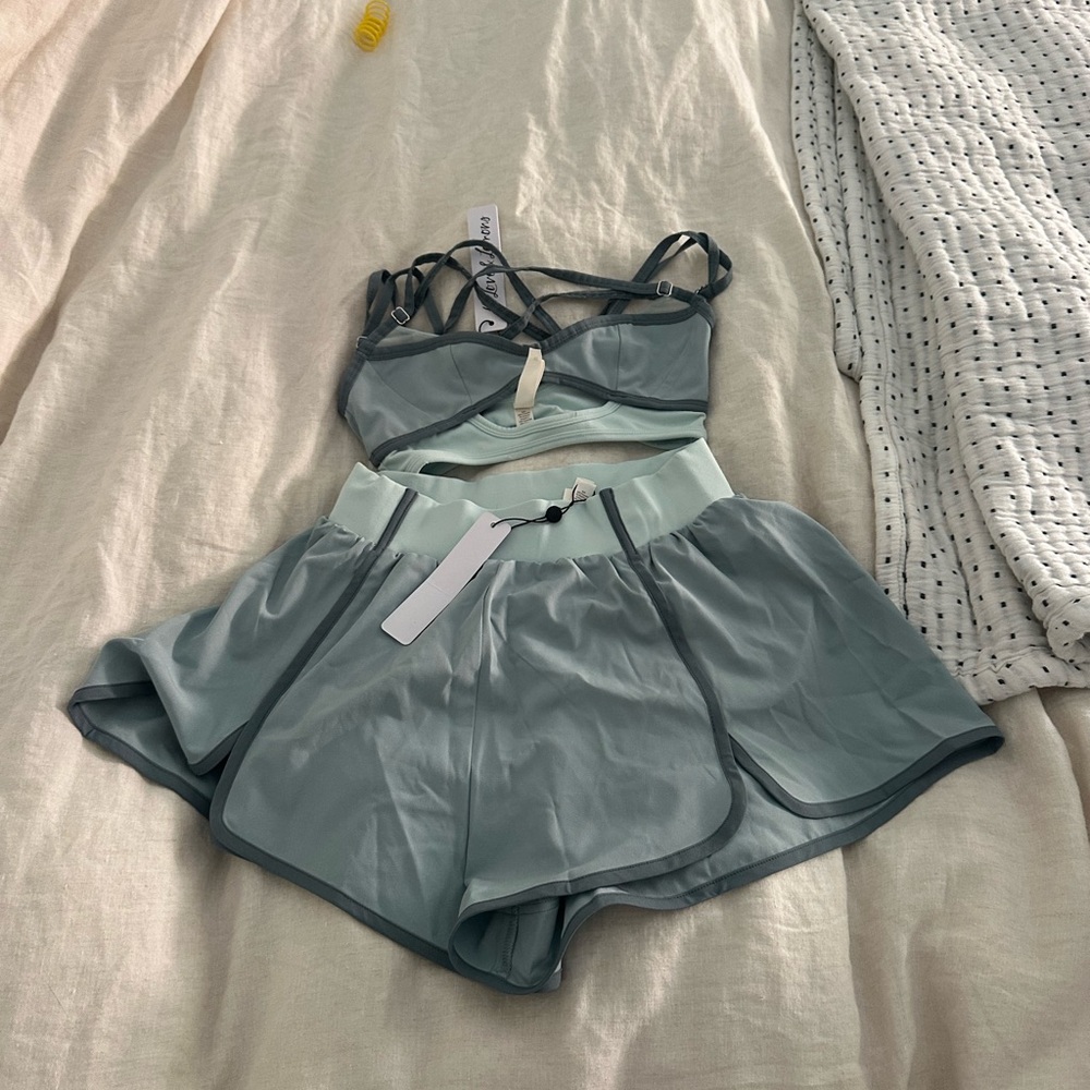 For Love And Lemons Blue Strappy Sports Bra & Shorts Set